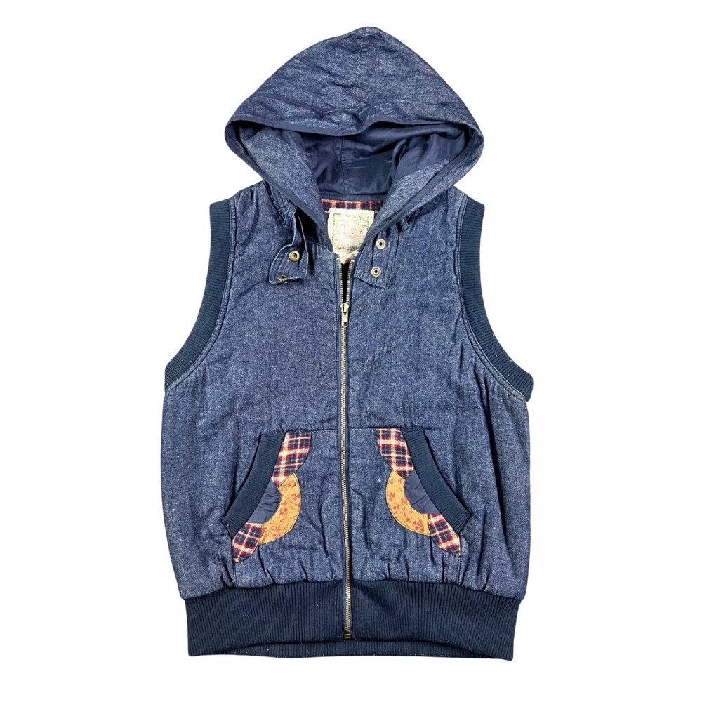 Flying Tomato Womens Blue Denim Hooded Vest Plaid Floral Pockets Medium